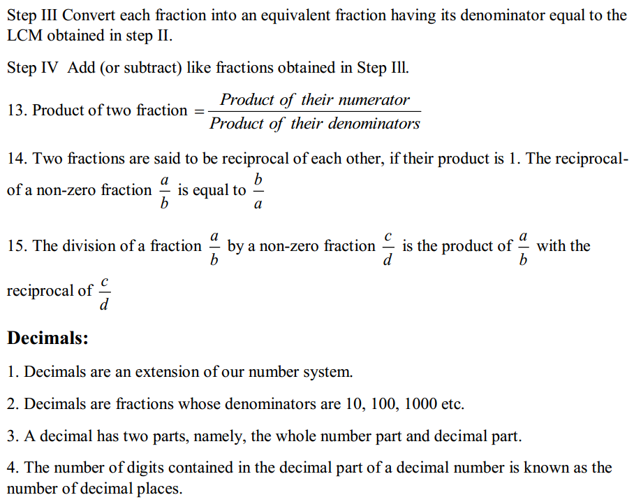 Fractions and Decimals Formulas for Class 7 Q3